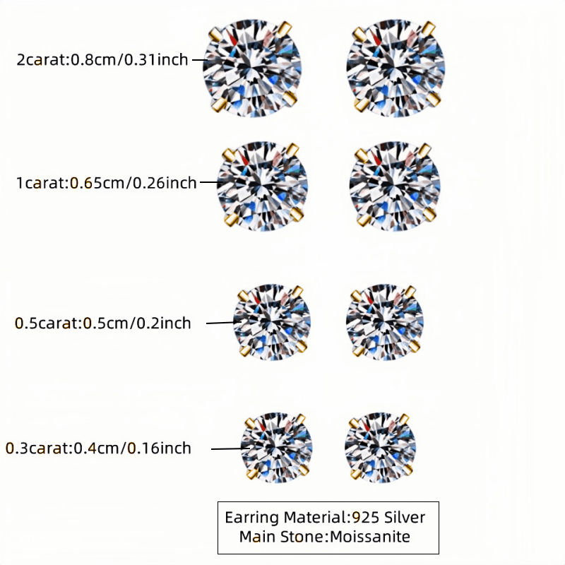 Unisex 925 Sterling Silver Moissanite Classic Stud Earrings